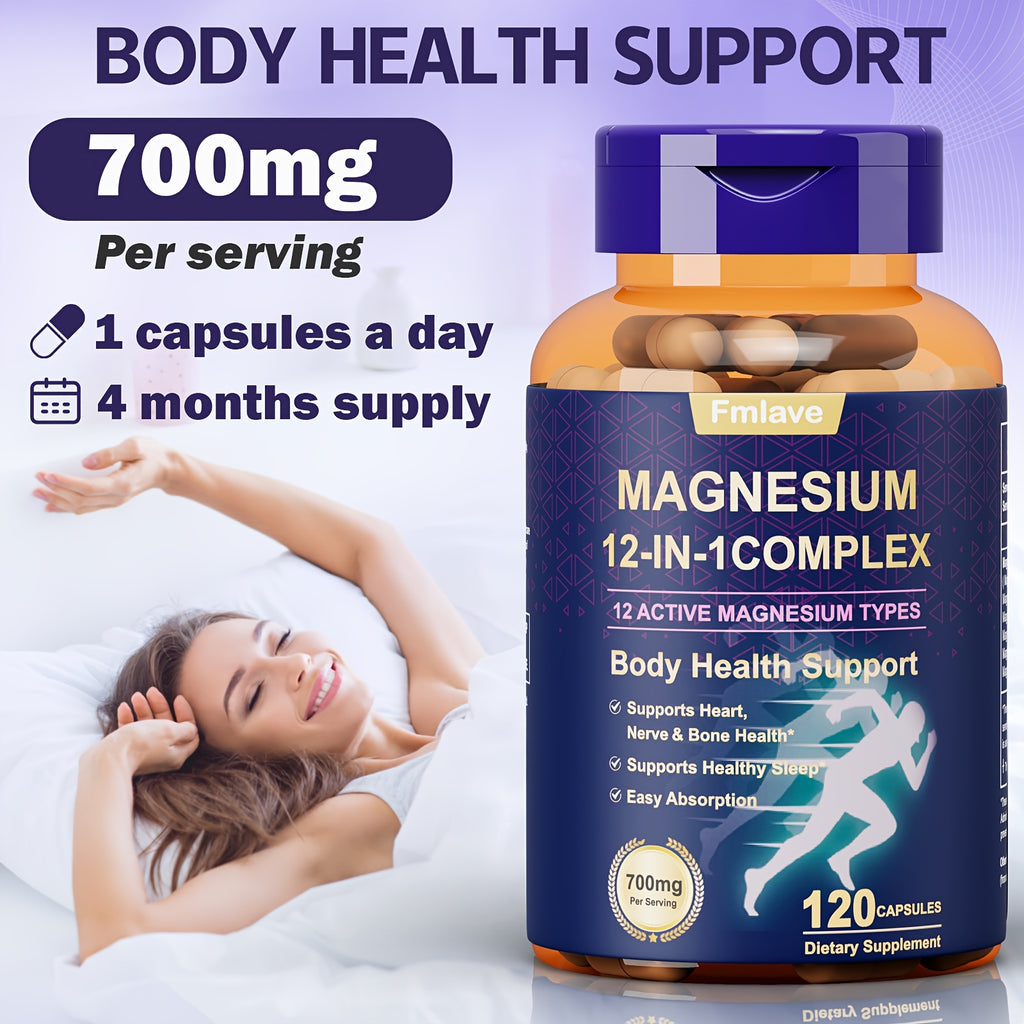 Fmlave 12 In 1 Magnesium Glycinate, 700MG Magnesium Complex WIth Citrate, Malate, Carbonate, Taurate, Oxide, Easily Absorbable Calm Magnesium Supplements Support Bone, Joint, Heart & Sleep Health, Relaxation, Gluten Free, 120