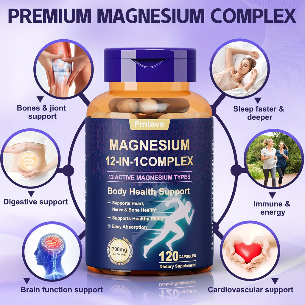 Fmlave 12 In 1 Magnesium Glycinate, 700MG Magnesium Complex WIth Citrate, Malate, Carbonate, Taurate, Oxide, Easily Absorbable Calm Magnesium Supplements Support Bone, Joint, Heart & Sleep Health, Relaxation, Gluten Free, 120