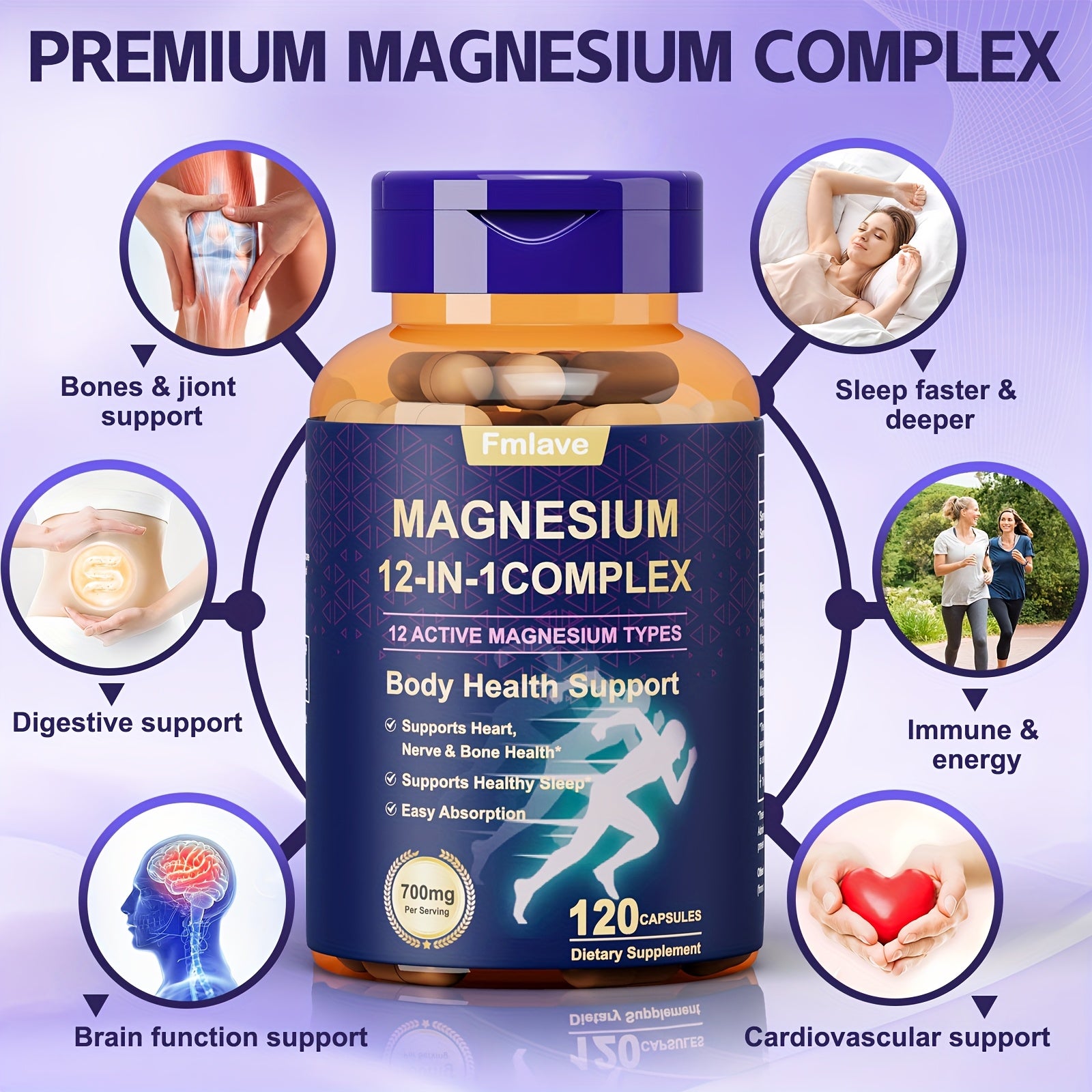 Fmlave 12 In 1 Magnesium Glycinate, 700MG Magnesium Complex WIth Citrate, Malate, Carbonate, Taurate, Oxide, Easily Absorbable Calm Magnesium Supplements Support Bone, Joint, Heart & Sleep Health, Relaxation, Gluten Free, 120
