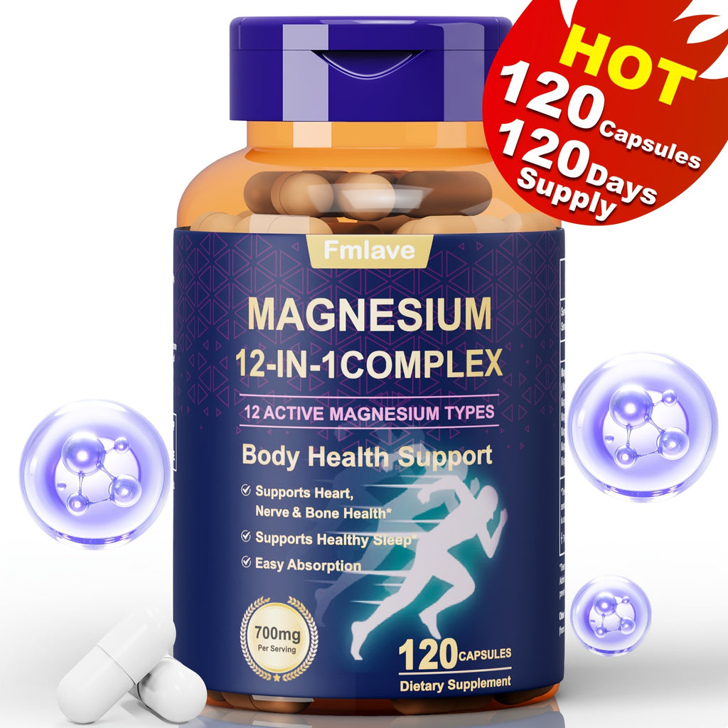 Fmlave 12 In 1 Magnesium Glycinate, 700MG Magnesium Complex WIth Citrate, Malate, Carbonate, Taurate, Oxide, Easily Absorbable Calm Magnesium Supplements Support Bone, Joint, Heart & Sleep Health, Relaxation, Gluten Free, 120