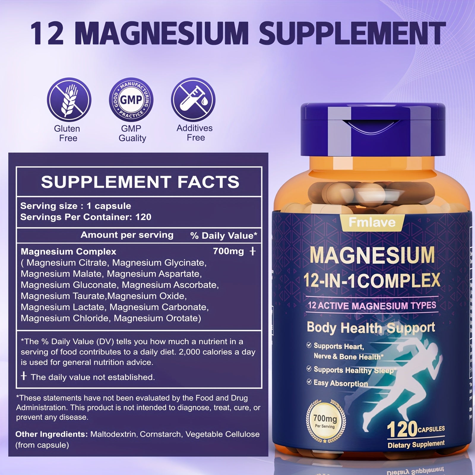 Fmlave 12 In 1 Magnesium Glycinate, 700MG Magnesium Complex WIth Citrate, Malate, Carbonate, Taurate, Oxide, Easily Absorbable Calm Magnesium Supplements Support Bone, Joint, Heart & Sleep Health, Relaxation, Gluten Free, 120