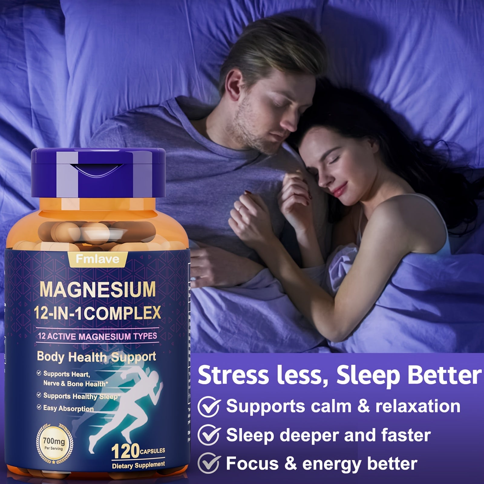 Fmlave 12 In 1 Magnesium Glycinate, 700MG Magnesium Complex WIth Citrate, Malate, Carbonate, Taurate, Oxide, Easily Absorbable Calm Magnesium Supplements Support Bone, Joint, Heart & Sleep Health, Relaxation, Gluten Free, 120