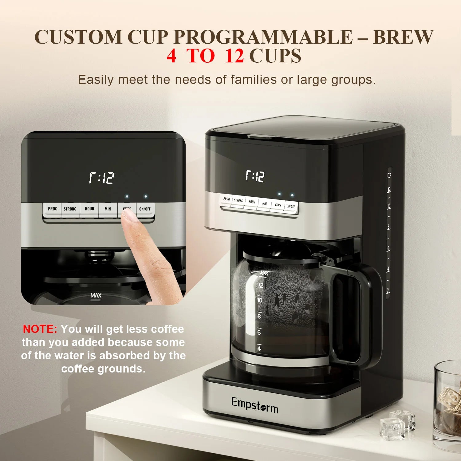 Empstorm doorstep delivery services 11D 120v electric rechargeable glass pot 12cups black drip coffee machine for commercial use