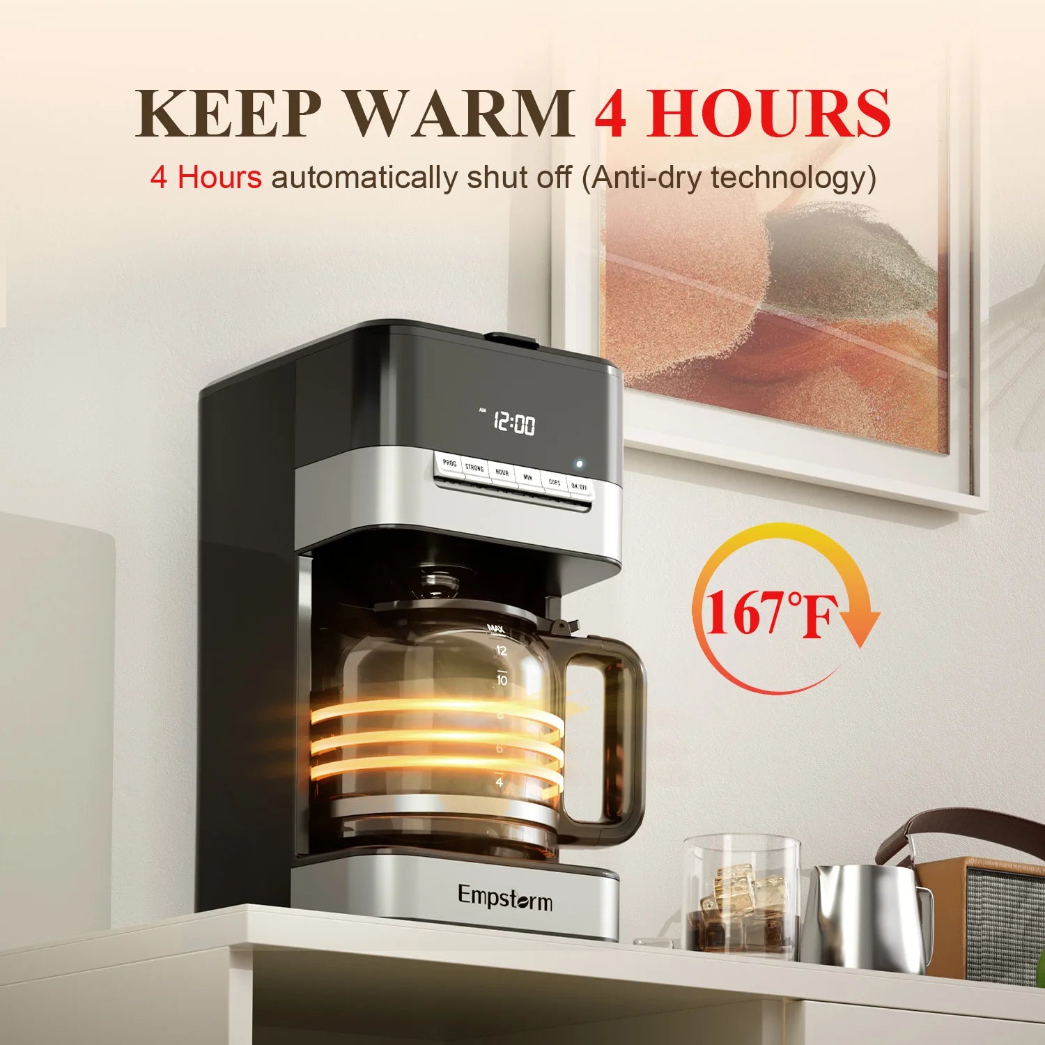 Empstorm doorstep delivery services 11D 120v electric rechargeable glass pot 12cups black drip coffee machine for commercial use