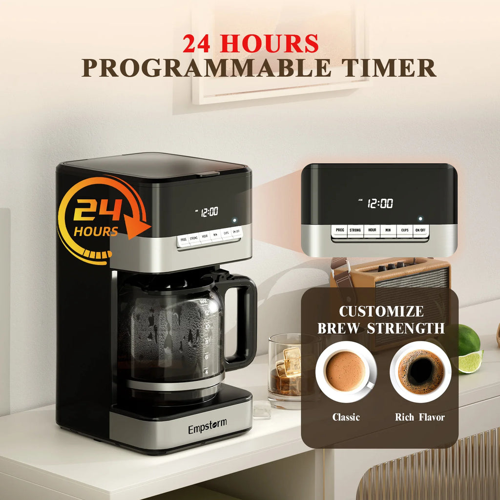 Empstorm doorstep delivery services 11D 120v electric rechargeable glass pot 12cups black drip coffee machine for commercial use