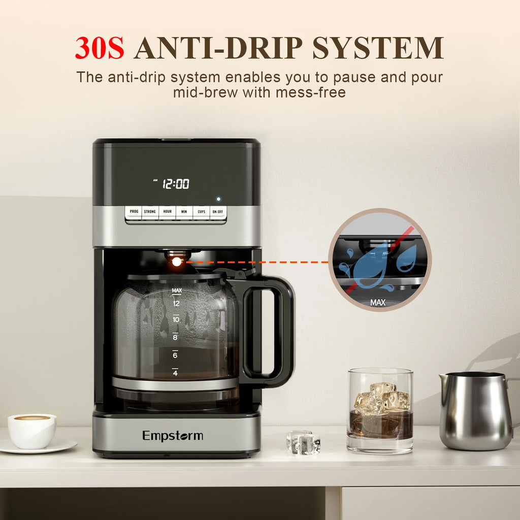 Empstorm doorstep delivery services 11D 120v electric rechargeable glass pot 12cups black drip coffee machine for commercial use