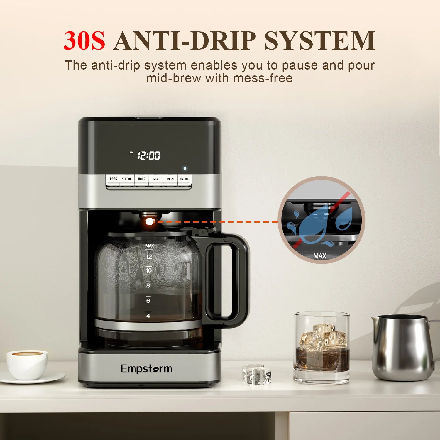 Empstorm doorstep delivery services 11D 120v electric rechargeable glass pot 12cups black drip coffee machine for commercial use