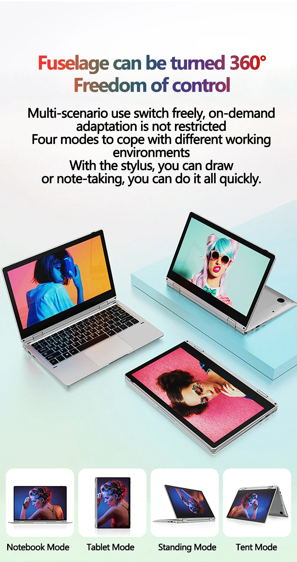 Laptop 11.6 Inch Intel Celeron N4020 360° flips HD Camera Touchscreens 6GB DDR4 2TB SSD 4500 mAH 2.8 GHz Lightweight Tablet