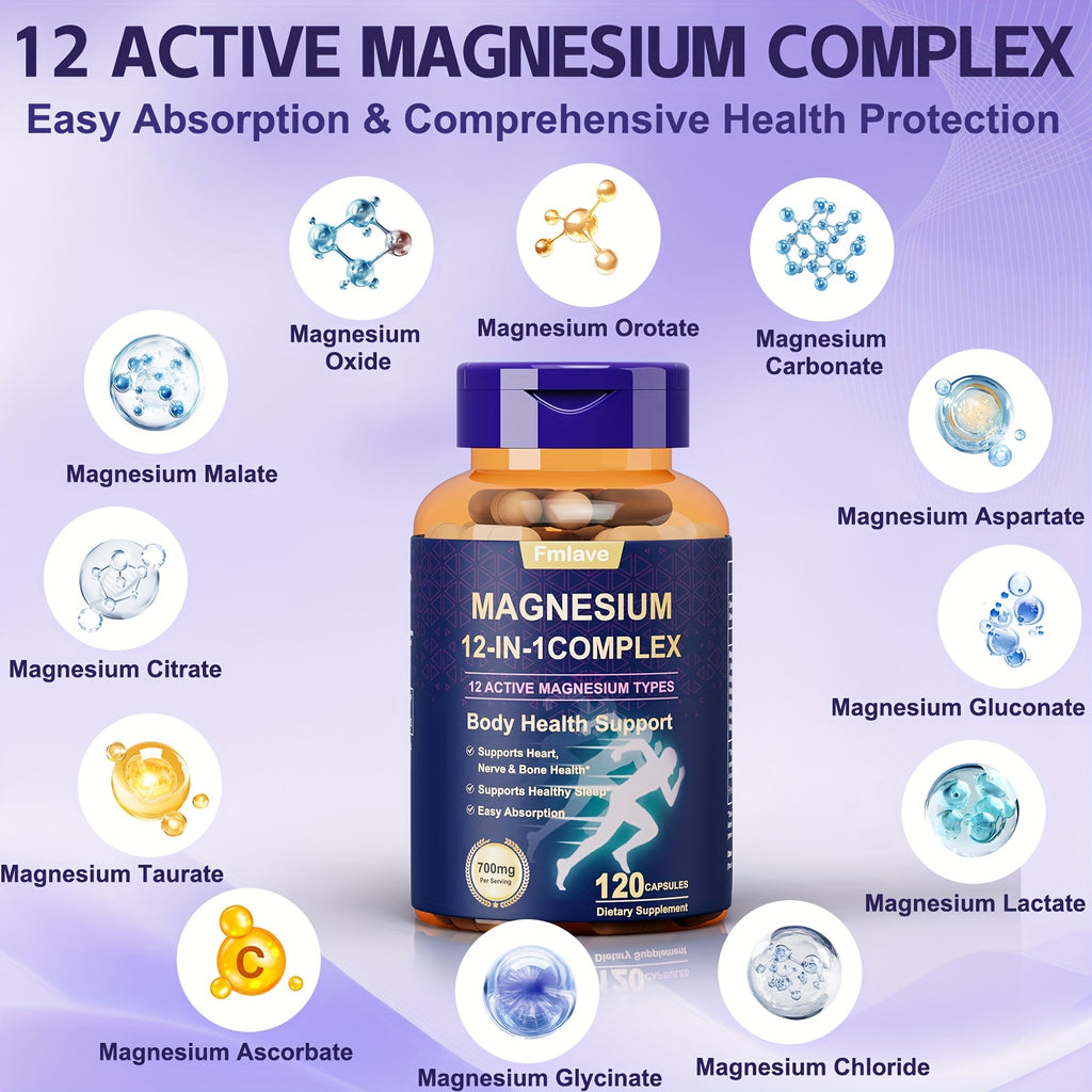 Fmlave 12 In 1 Magnesium Glycinate, 700MG Magnesium Complex WIth Citrate, Malate, Carbonate, Taurate, Oxide, Easily Absorbable Calm Magnesium Supplements Support Bone, Joint, Heart & Sleep Health, Relaxation, Gluten Free, 120