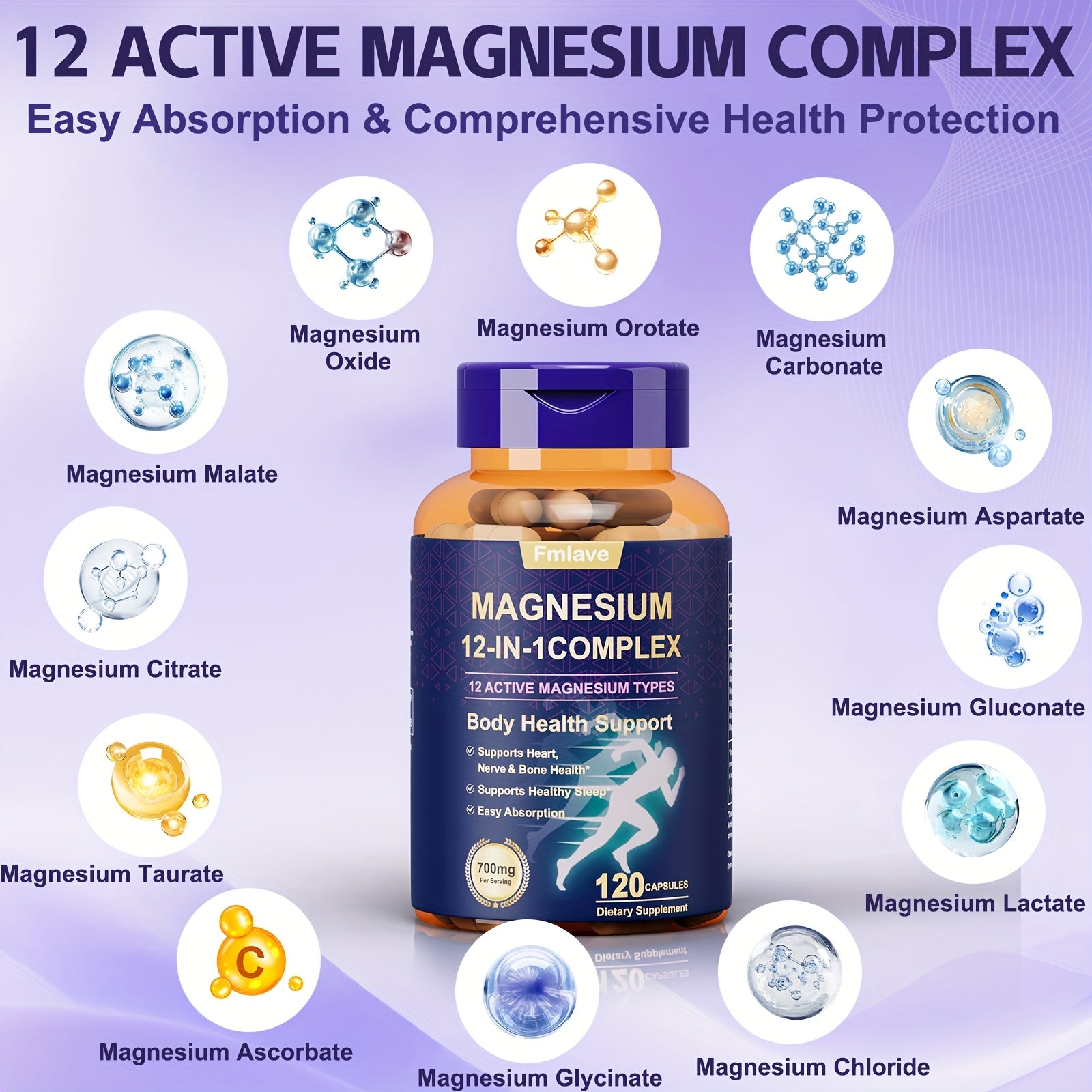 Fmlave 12 In 1 Magnesium Glycinate, 700MG Magnesium Complex WIth Citrate, Malate, Carbonate, Taurate, Oxide, Easily Absorbable Calm Magnesium Supplements Support Bone, Joint, Heart & Sleep Health, Relaxation, Gluten Free, 120