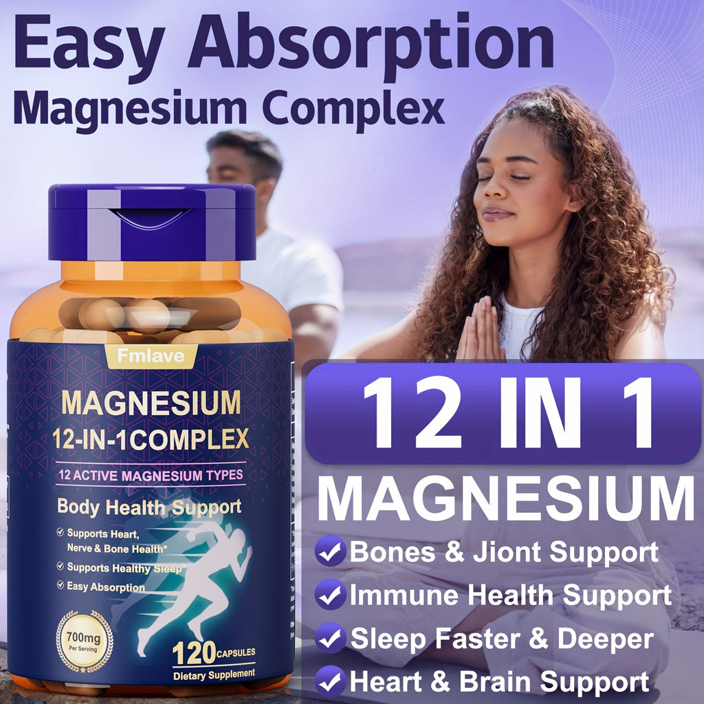 Fmlave 12 In 1 Magnesium Glycinate, 700MG Magnesium Complex WIth Citrate, Malate, Carbonate, Taurate, Oxide, Easily Absorbable Calm Magnesium Supplements Support Bone, Joint, Heart & Sleep Health, Relaxation, Gluten Free, 120